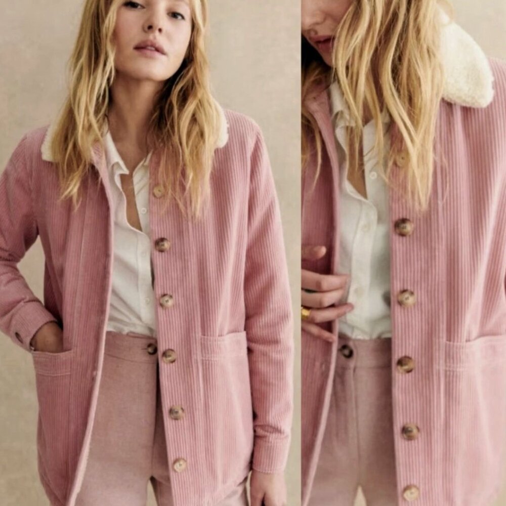 Sezane Will Jacket Pink Corduroy With Wool Collar - Size S